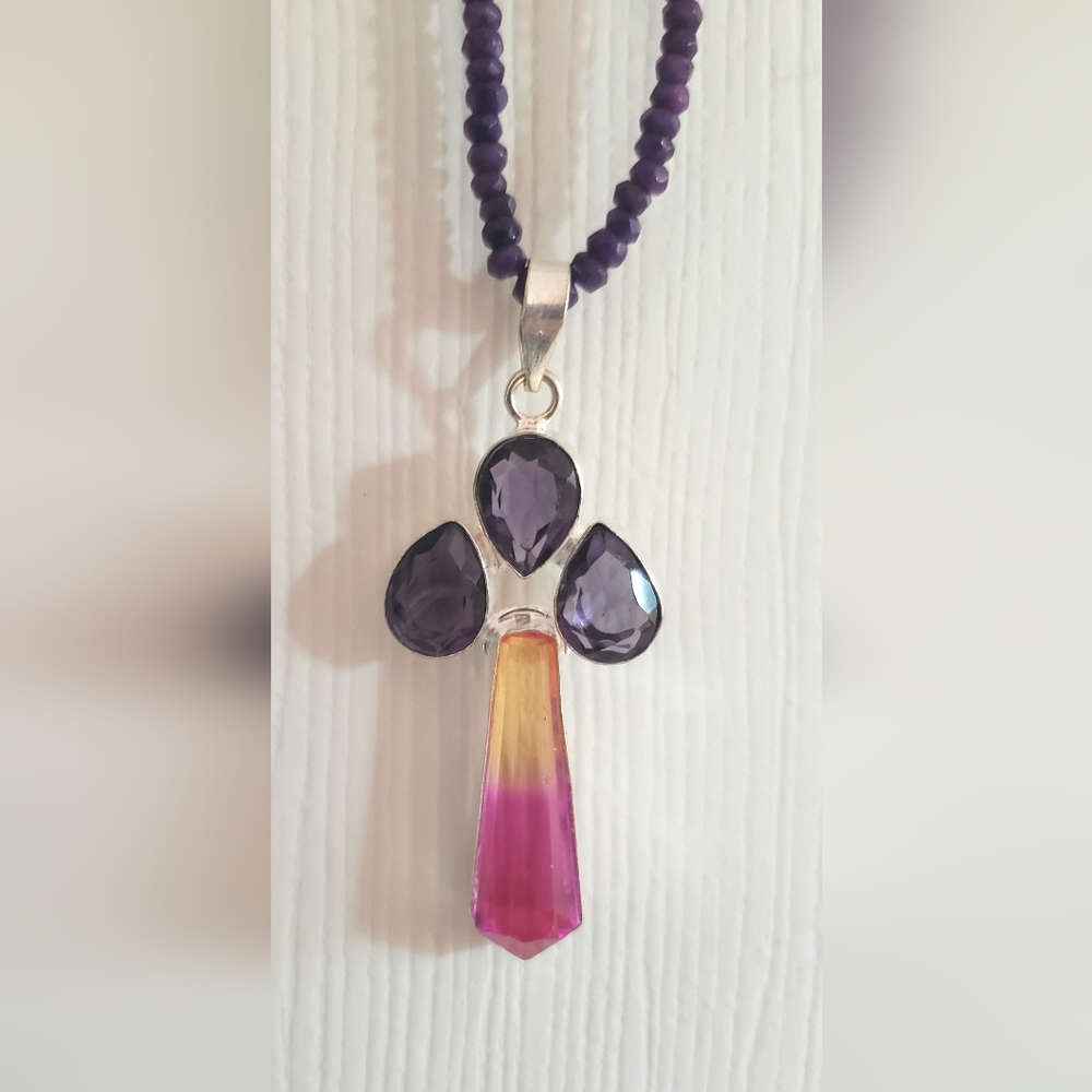 Huge Teardrop Amethysts & Bicolor Tourmaline Gemstones On Amethyst Strand, New